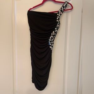 Beaded Black Dress with Gorgeous Rhinestones - Size 5 - One Shoulder - N…